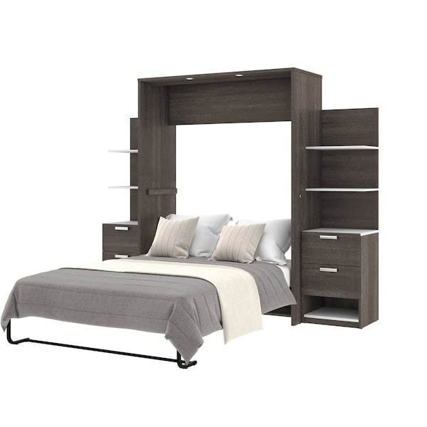 Cielo 99W Full Murphy Bed with Floating Shelves and Drawers (98W), Bark Grey & White